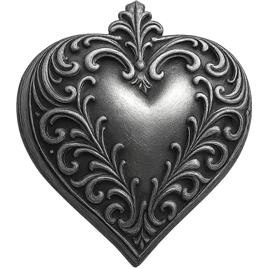 silver goth heart, baroque gothic filigree, metallic silver, heart shape, no text emoji