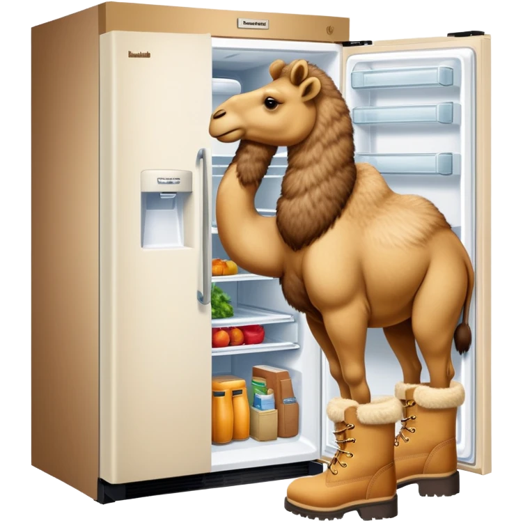 A white kitchen refrigerator with camel head poking out from an open door and furry camel legs wearing classic wheat-colored Timberland boots emoji