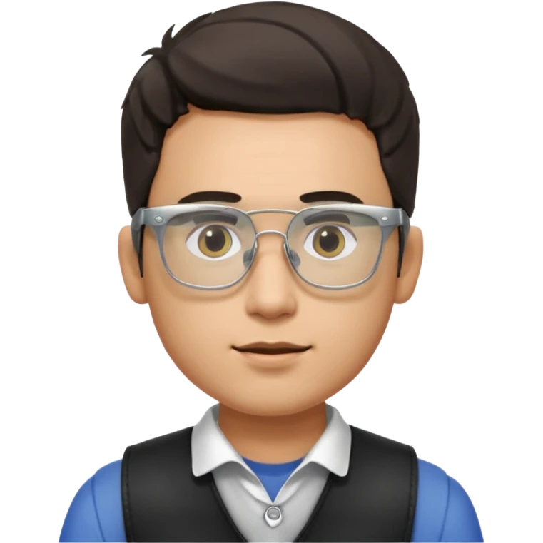 Man from the shoulder up, facing the audience. Wearing a black vest and AR glasses that look like google glasses.  emoji