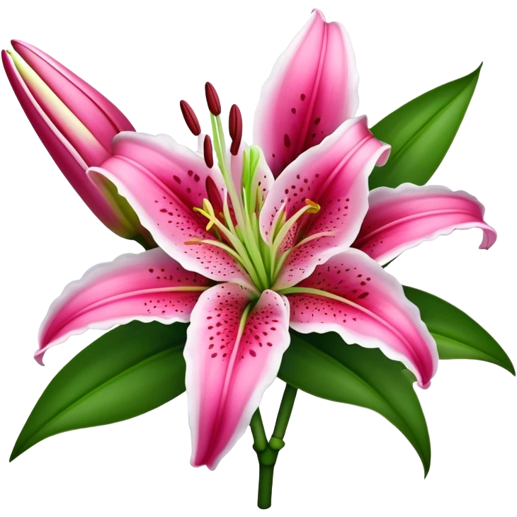 bouquet Deep Pink Oriental Lily with White Edge, luxuriant, leaf, bud emoji