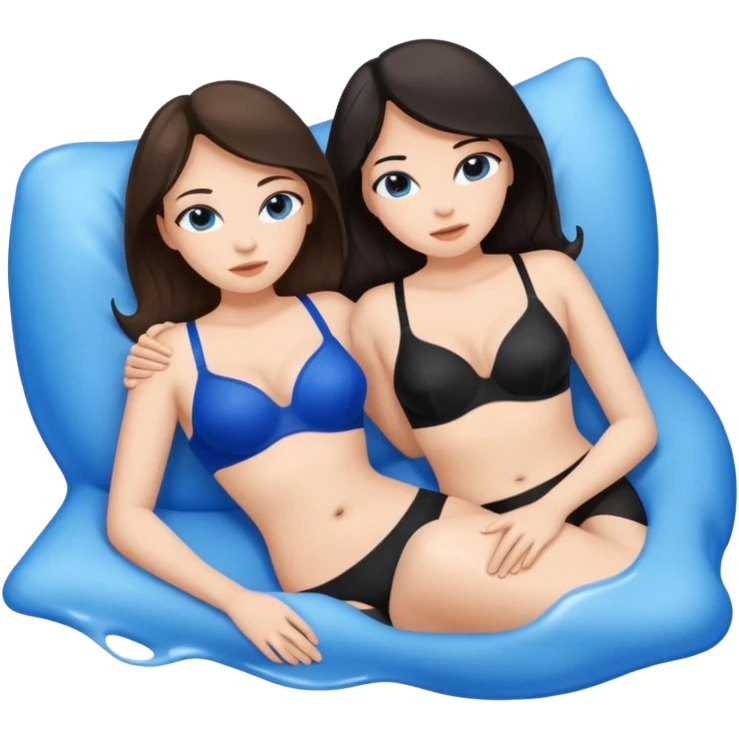 TWO only TWO white brunette women lying down full body melting into each other. one is wearing a blue bra and one is wearing a black bra. but they r melting into each other emoji
