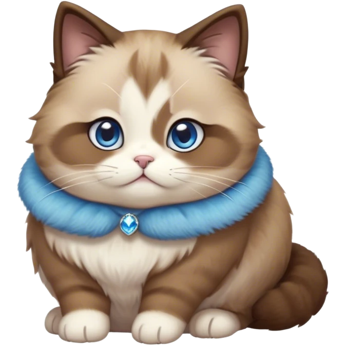 Cinematic Cute Chubby Brown Mantle Snowshoe Cat Portrait Emoji, Round and plump body, soft brown fur draped over its back like a luxurious coat, contrasted by fluffy white paws, chest, and an adorably chubby face, big, sparkling icy-blue eyes, Simplified yet irresistibly adorable features, highly detailed, glowing with a warm, cozy glow, high shine, curious yet calm, stylized with a touch of whimsy, bright and endearing, soft glowing outline, capturing the essence of a mischievous yet lazy and lovable kitty, so cuddly it feels like it could waddle right out of the screen for a snuggle! emoji