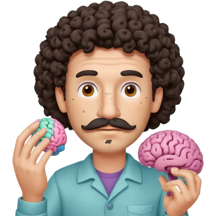 Enhance the claymation man holding a brain by adding more depth and dimension to the image. Make him more attractive and quirky, inspired by the first version, with dark curly hair, thick mustache, light skin, freckles, more movement, claymation style, visible fingerprints, and pastel colors. emoji