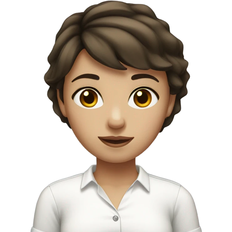 Girl with brunette short hair, black eyes, feminime, white shirt emoji