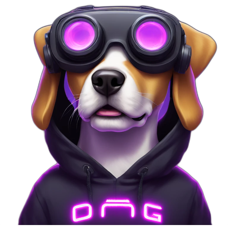 funny dog wearing a black hoodie with "OMG" letters on it and VR headset in a cyberpunk VR environment with violet neon lighting. emoji