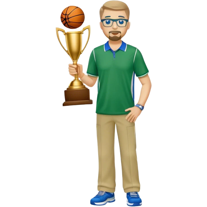 full body white  male basketball coach with trophy. Goatee , Wearing glasses and blue and green polio and khaki pants emoji