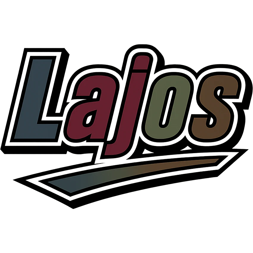Lajos name in masculine, modern, gradient font with precise Hungarian characters, dark outline, extra thick, prominent white border as in reference images, dynamic slanted underline, masculine color shades (blue, gray, burgundy, green, brown), 1000x1000 px, PNG, transparent background emoji