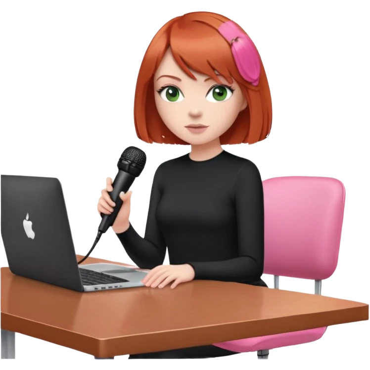 Cool Redhead Bob with fringe with green eyes sat at desk with pink MacBook and  podcast microphone black top and pink chair  emoji