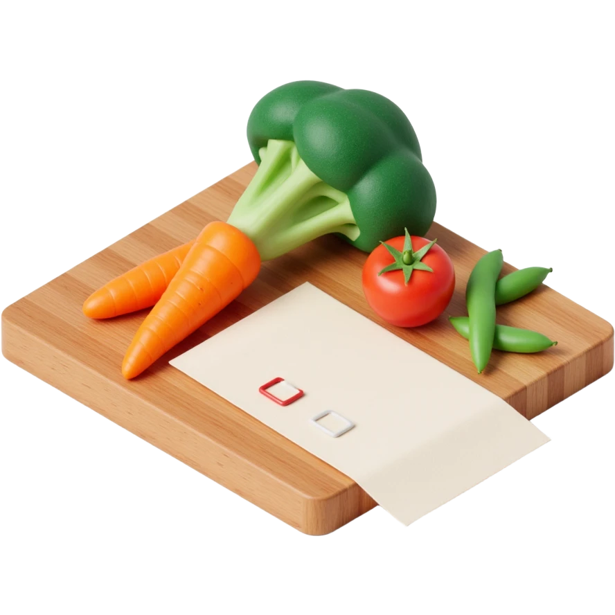 3D isometric illustration of a wooden cutting board with fresh vegetables (carrot, broccoli, tomato, peas), a paper grocery list with checkboxes, soft lighting, realistic textures, floating shadows, minimalistic style, dark background, modern food planning app aesthetic emoji