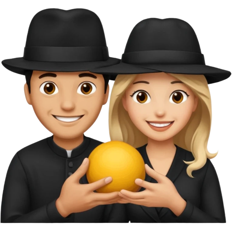 Man wearing black hat smiling superstitious woman squeezing his balls emoji