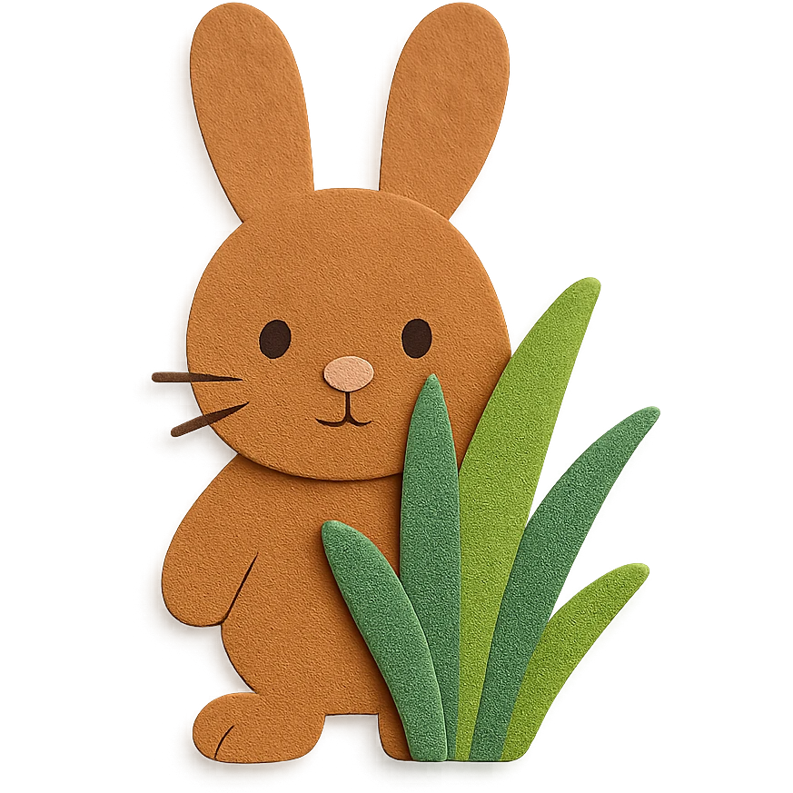 full-body cinnamon bunny peeking behind a plant, paper-craft style, both ears matching in shape, size, and position emoji
