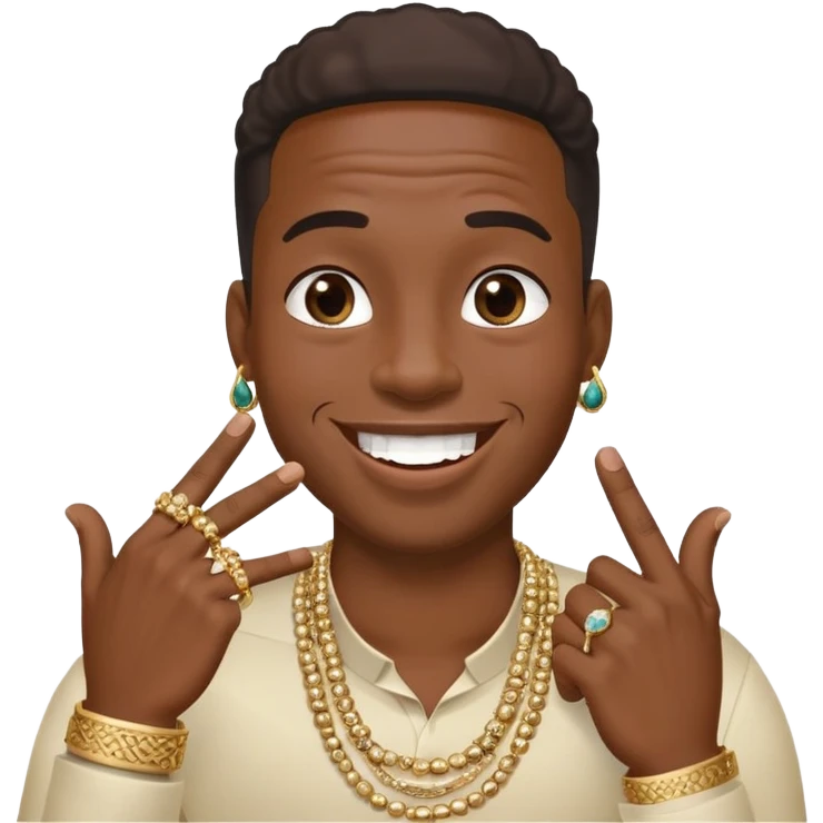 Giggling black man with jewelry covering his mouth with his right hand with one thumb and four fingers only emoji