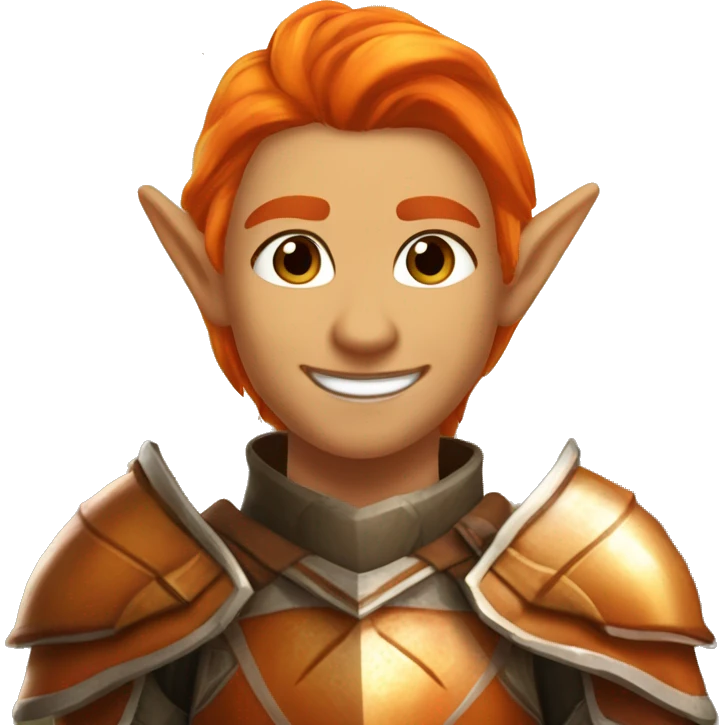 Autumn Eladrin Elf with a charismatic smile and orange hair. Wearing shiny elaborate armor with silver, orange, and brown tones, similar to the colors of autumn.  emoji