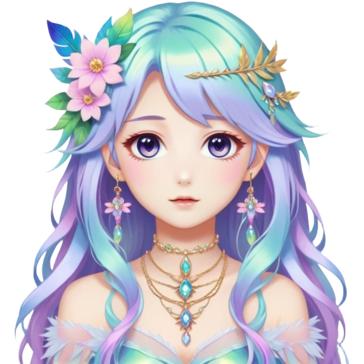 Beautiful gorgeous anime lady with beautiful iridescent-special-hair, fashion aesthetic, ethereal, fairycore, pastelcore, feather, flower, crystals, accessories, jewelries, gold, colorful emoji