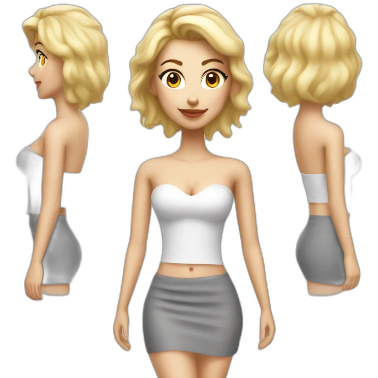 hyperrealistic caucasian long blonde woman white v-neck strapless gray tight mini skirt emoji