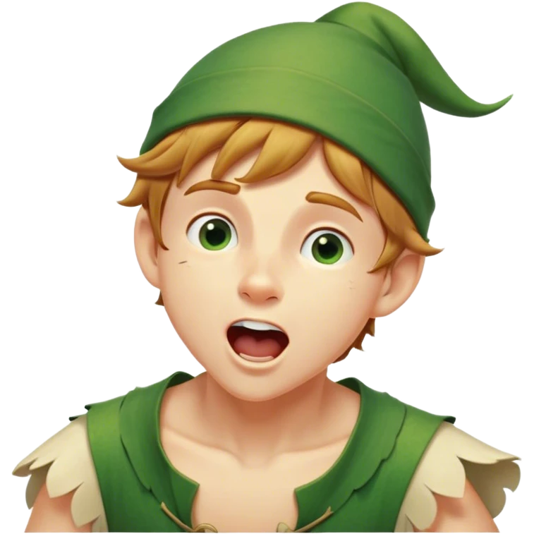 Cinematic Realistic Peter Pan Portrait, head tilted slightly with a dramatic, wide-open yawn, revealing a relaxed yet spirited expression. His detailed tunic and cap, paired with a gentle, ambient glow, capture a tender moment of vulnerability amidst his eternal quest for adventure. emoji