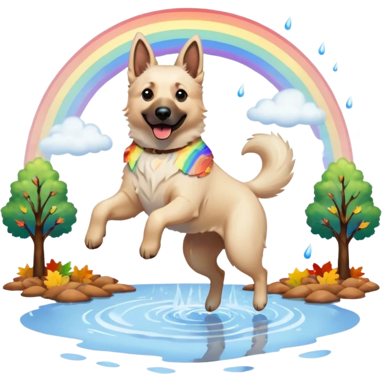 Beautiful White belgian Shepard jumping Cheerful  over Rain puddles. There is a rainbow in the sky and trees with Brown leafs in the background emoji