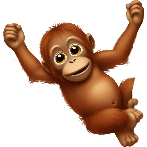 Baby orangutan hanging from a vertical tree branch right hand over his mouth left hand overhead feet gripping the tree trunk emoji