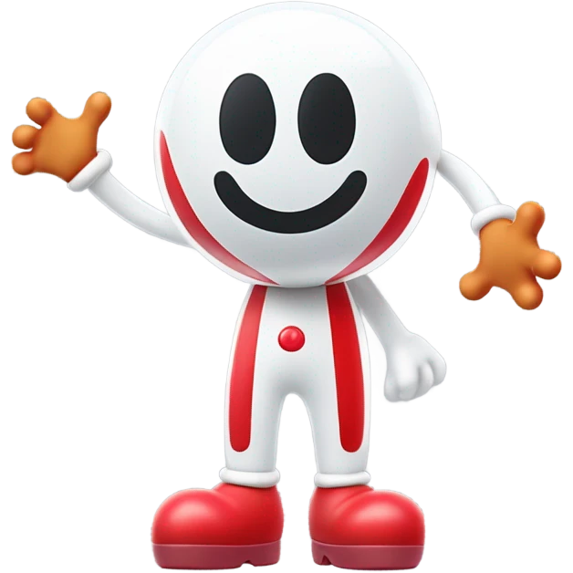 Very shiny full body character with pill capsule head with puffy body and welcoming waving Mickey Mouse arms braun Japanese inspired Anpanman with big boots and antennae red and white colors only emoji