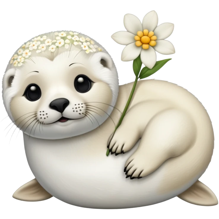 Skinny harp seal with flower hair pin on the head and laying down emoji