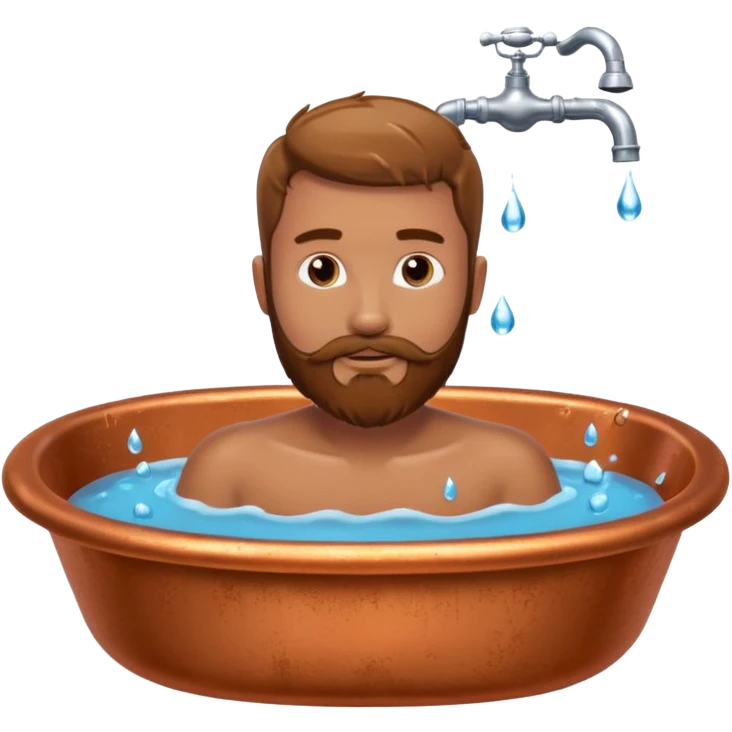 Man with beard lying in copper bath with water running from taps emoji