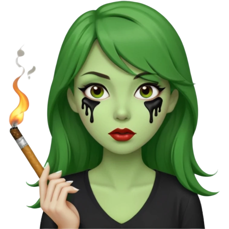 {
  "prompt": "3D cartoon-style green-skinned girl with long brown hair and a side-swept bang. Large brown eyes with black dripping makeup, white V-neck shirt, cigarette in her mouth, dark background. Same proportions and style as the original description.",
  "size": "1024x1024"
} emoji
