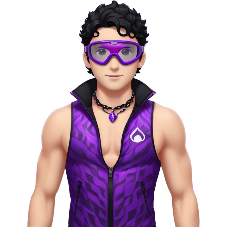 male athlete with white skin and moderately curly black hair on top with shaved sides, wearing ski goggles with purple frames and very dark black lenses, a simple plain black chain necklace, and a completely unzipped sleeveless vest with purple and black sequin fire pattern design, fully revealing his chest, shoulders and arms, no earrings emoji