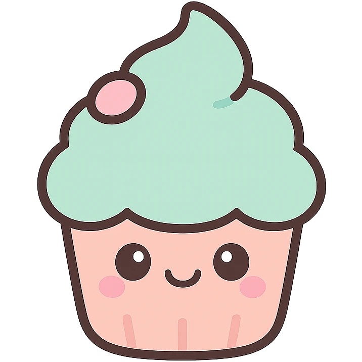 pastel-colored cupcake with a happy expression, kawaii style emoji