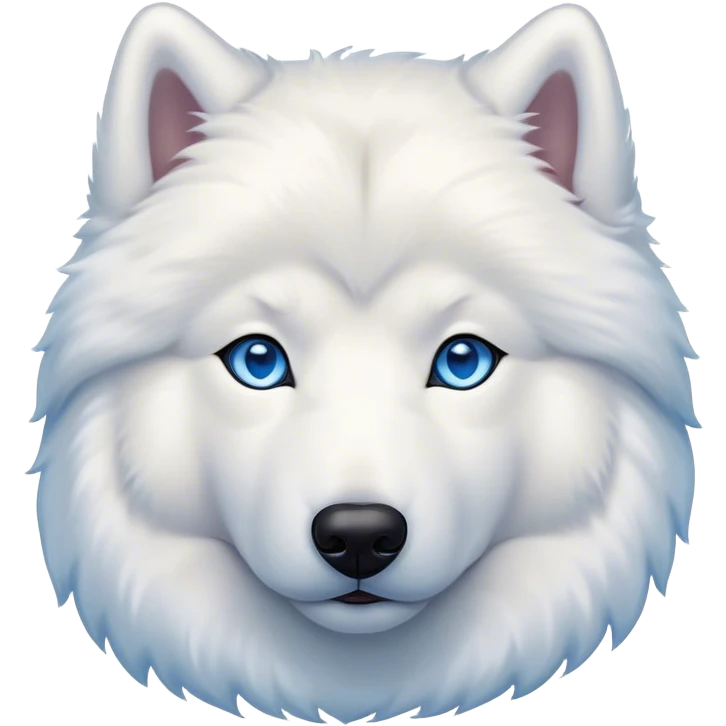 Cinematic Noble Samoyed Portrait Emoji, Poised and regal, with a majestic, sturdy build and a luxuriously fluffy pure white Fur, deep-set soulful blue eyes, Simplified yet sharp and sophisticated features, highly detailed, glowing with a soft, dignified glow, high shine, intelligent and gentle, stylized with an air of elegance, focused and attentive, soft glowing outline, capturing the essence of a watchful and confident companion, so majestic it feels as though it could bound out of the screen with effortless authority! emoji