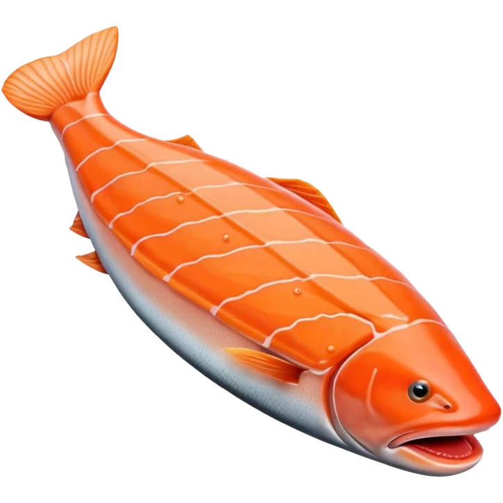 realistic salmon fillet, boneless, orange-pink, muscle lines, tapered, curved, moist smooth texture, fine fat layer, no skin, no lemon, no background, no faces, clean 3D, soft lighting, transparent background, emoji scale emoji