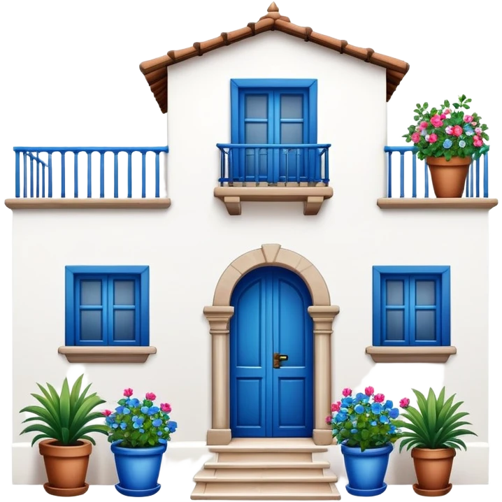 Andalusian-style Spanish house with white walls, blue accents, and flowerpots on windows emoji