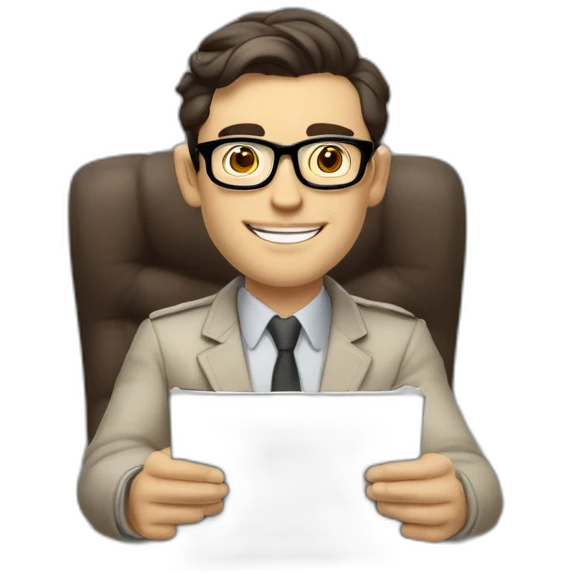 Pale skinned Fit Man With dark brown hair in gray jacket, beige office shirt and vintage glasses sitting In a soft chair with a notebook with emblem Ψ and a pen in his hands emoji