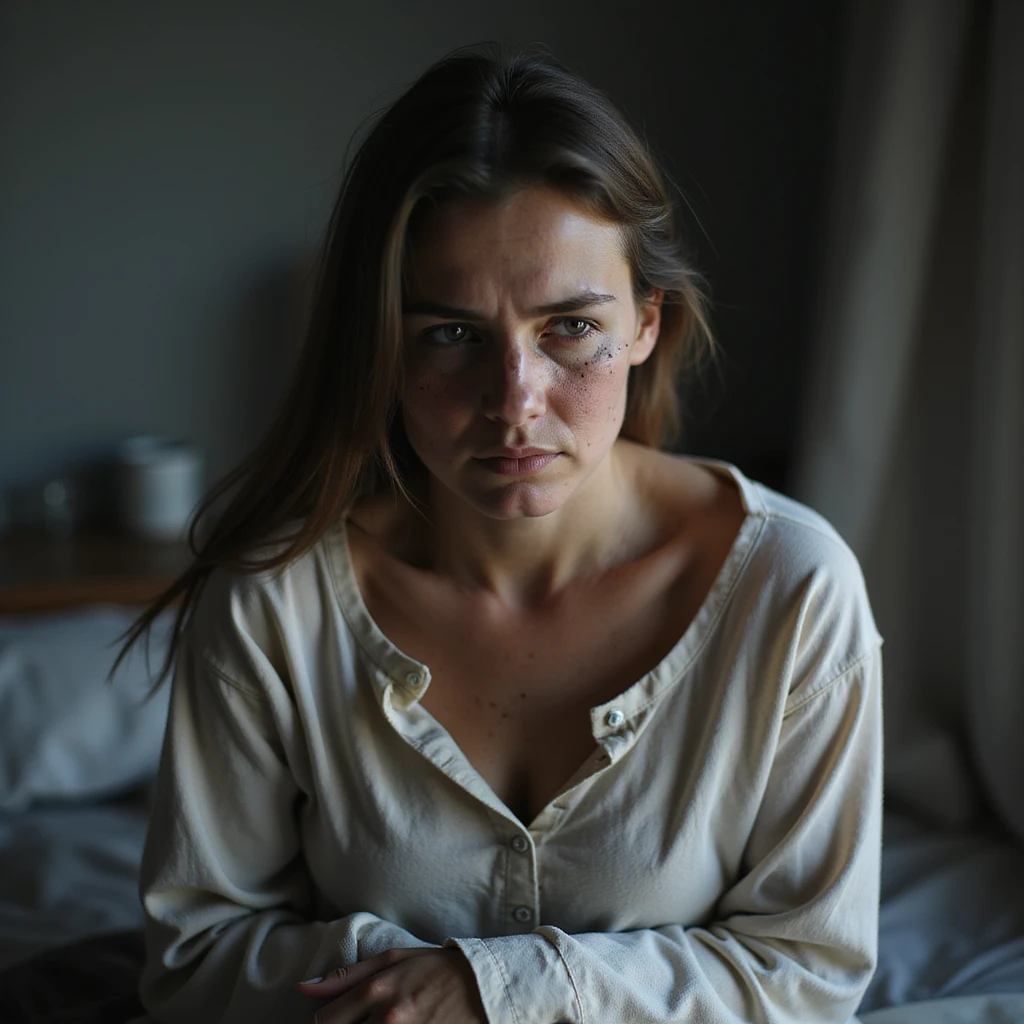 woman with chronic fatigue, pale and marked face, prominent dark circles, curved posture and drooping shoulders, exhausted expression, hyperrealistic style, realistic details, 4K quality, domestic environment emoji