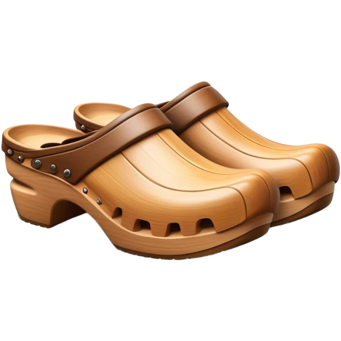 Cinematic Realistic Wooden Clogs Emoji, depicting the classic handcrafted footwear with a smooth, curved design and sturdy wooden soles, rendered with rich textures and warm, natural lighting. emoji