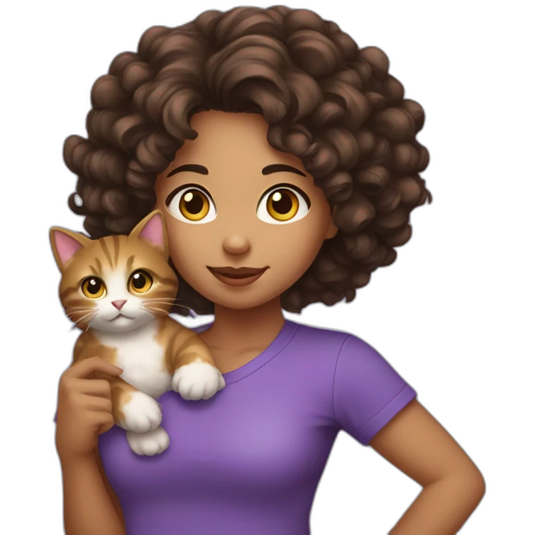 young-women,dark-long-curly-brown-hair,using-purple-tshirt,holding-a-kitty emoji