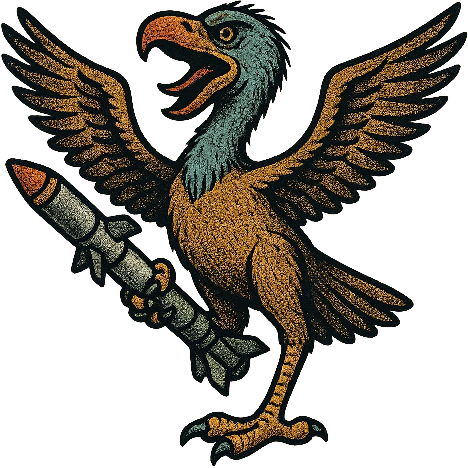 an insignia for a flag: a strange foreign alien bird creature, resembling a prehistoric phorusrhacos, gripping a sidewinder missile in its' powerful claw, standing up on its' other claw, cawing fiercely, wings spread in defiance.
 emoji