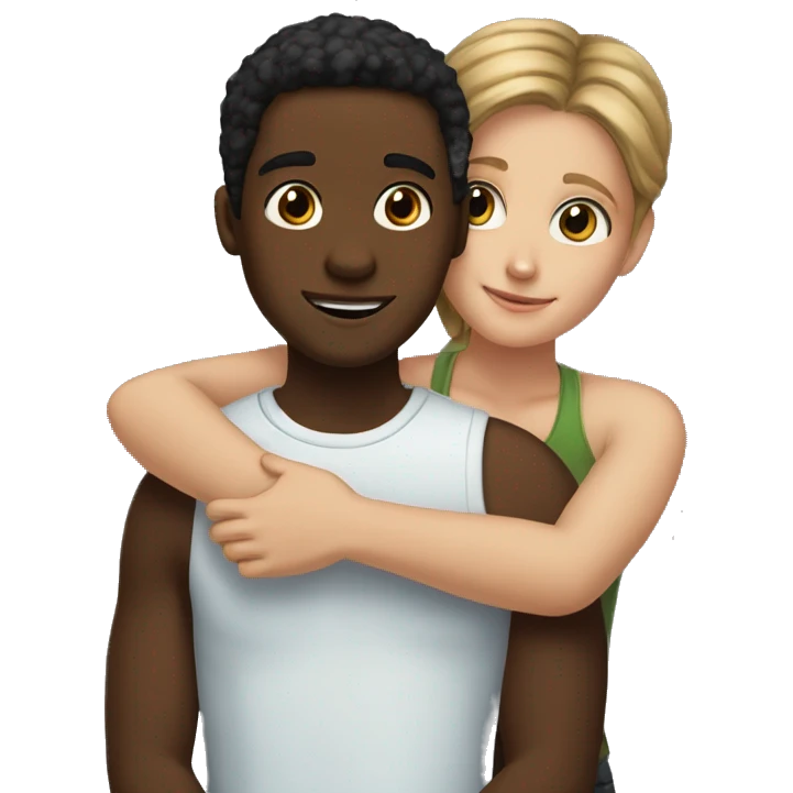 Tall white boy and short black girl hugging  emoji