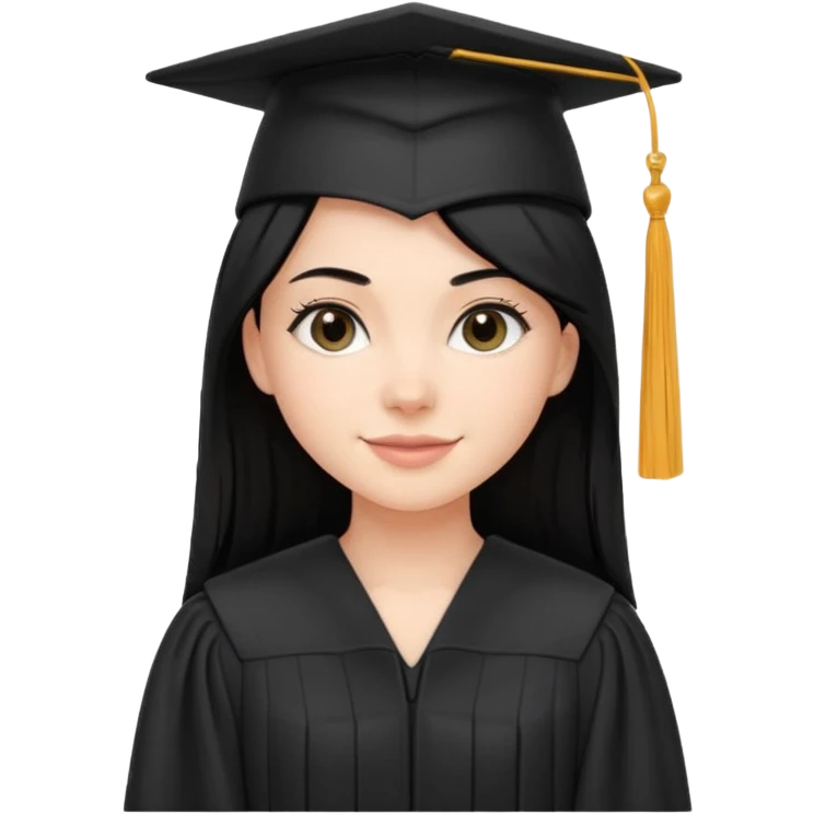 white girl with straight black hair, standing proudly in black graduation cap and gown, subtle smile emoji
