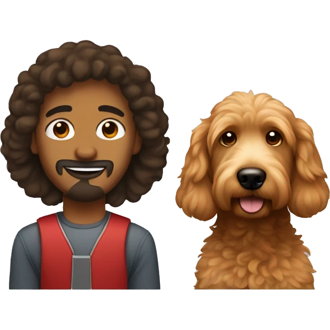 Brown man with straight hair and a red goldendoodle emoji