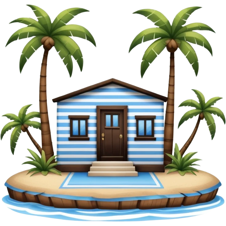 A full square 1 by 1   white and blue stripe building  horizontally with brown wooden door on a island with palm trees  emoji