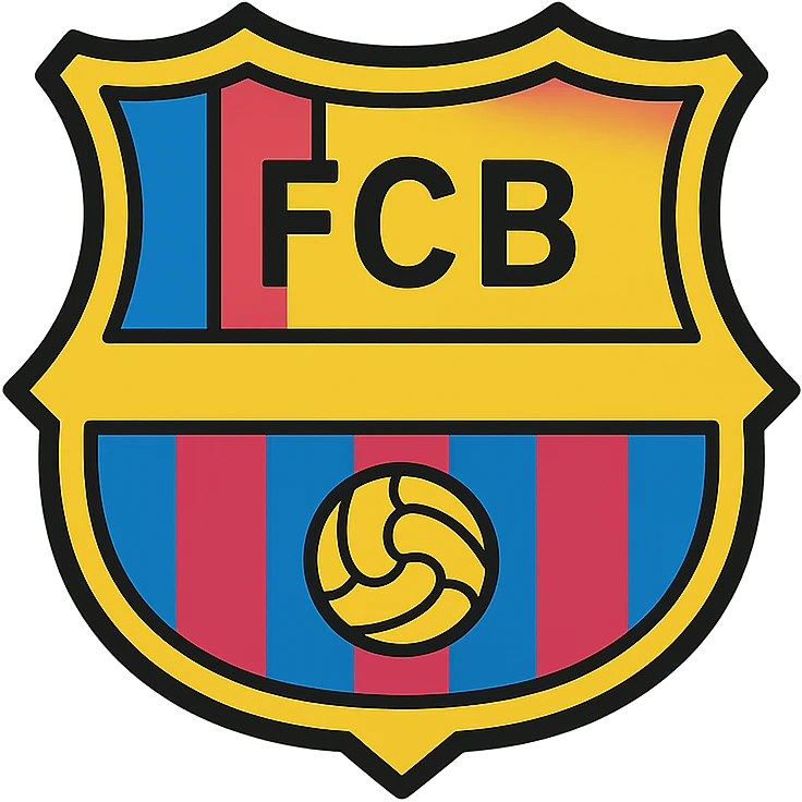 iconic representation of FC Barcelone focusing on club's initials FCB in stylized shield with blue and garnet color blocks and subtle football motif emoji