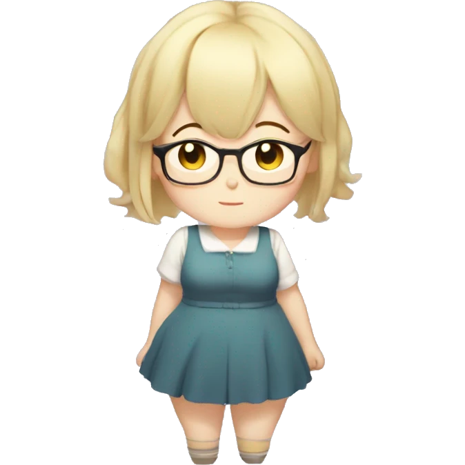 Chubby anime girl with glasses and short blond hair, full body wearing cute dress emoji