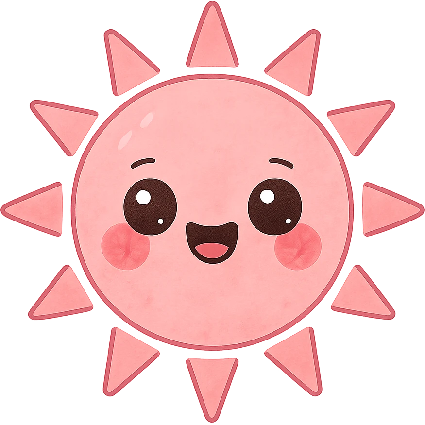 a cute pink sun, original design, big eyes, blushing cheeks, joyful emoji
