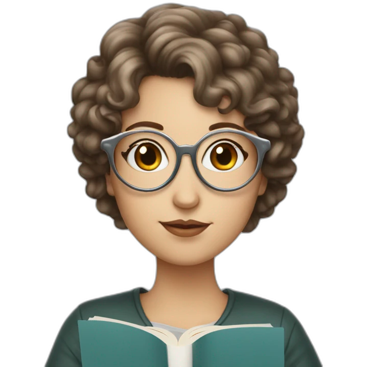 white girl with round silver glasses and really short brown curly hair reading a book emoji