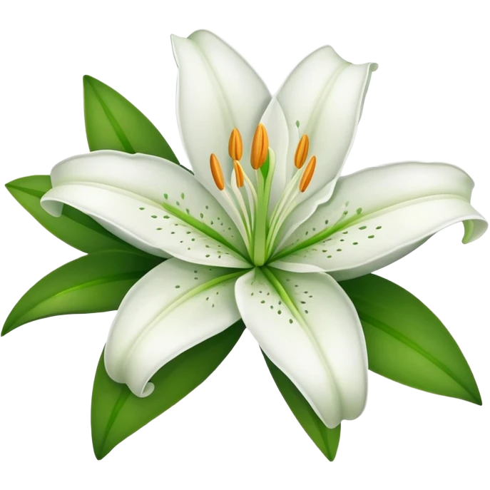 white lily flower with exactly six petals, one flower bud, and green leaves emoji