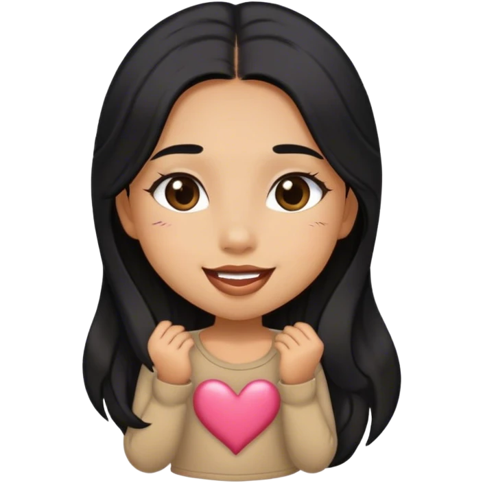 Tan girl with black long hair cute kisses smiles and cute outfit emoji