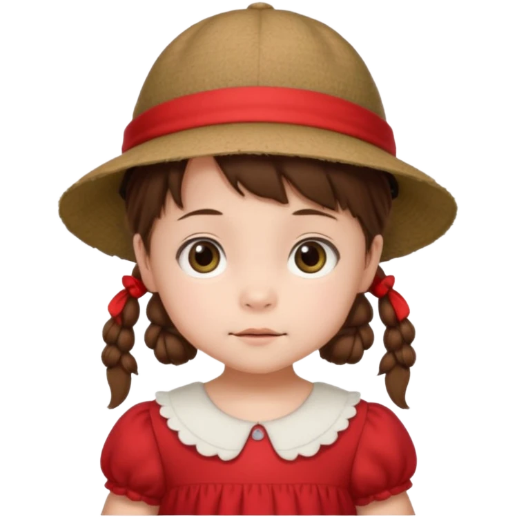 baby girl with brown hair and pigtails with red dress and a hat like My Neighbor Totoro movie emoji