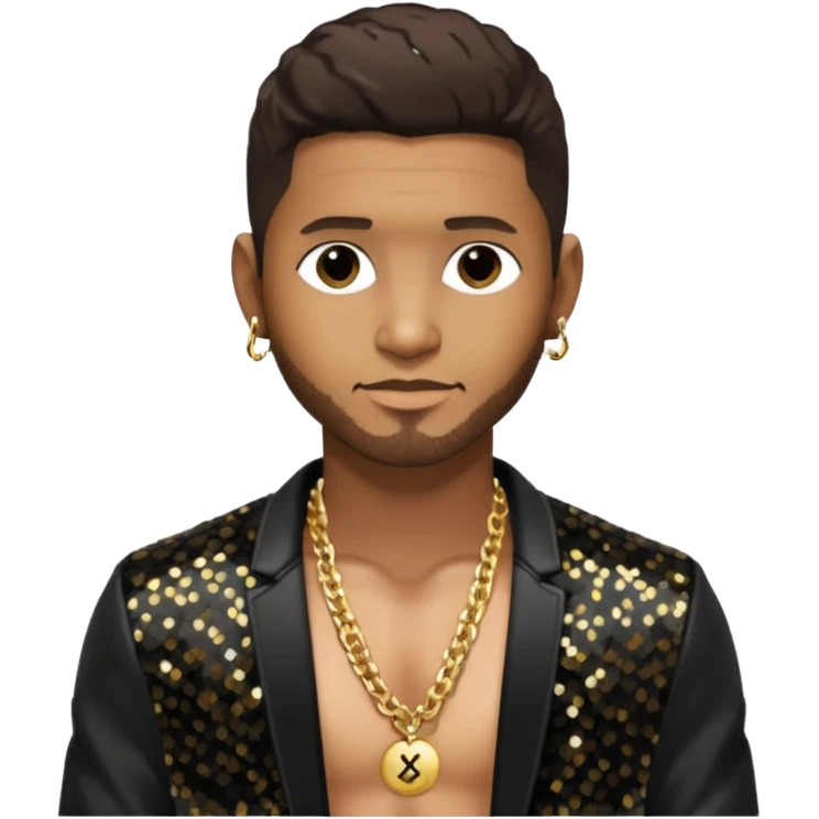 Usher with dark brown hair, black sequin jacket, shirtless with necklace  emoji