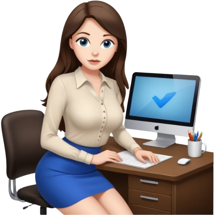 sexy woman brunette, very large breasts, pale skin, blue eyes, long brown hair, tight white blouse, short black skirt. at desk emoji