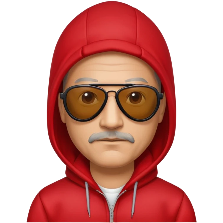 50-year-old man with slight stubble on upper lip, black aviator sunglasses, wearing a red hoodie with hood up emoji